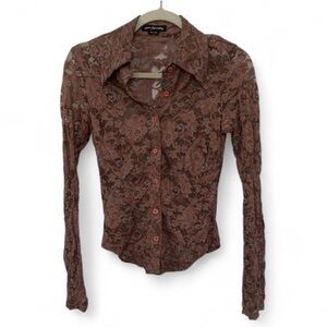 Vintage Ann Ferriday Taupe Semi Sheer Lace Long Sleeve Button Down Shirt